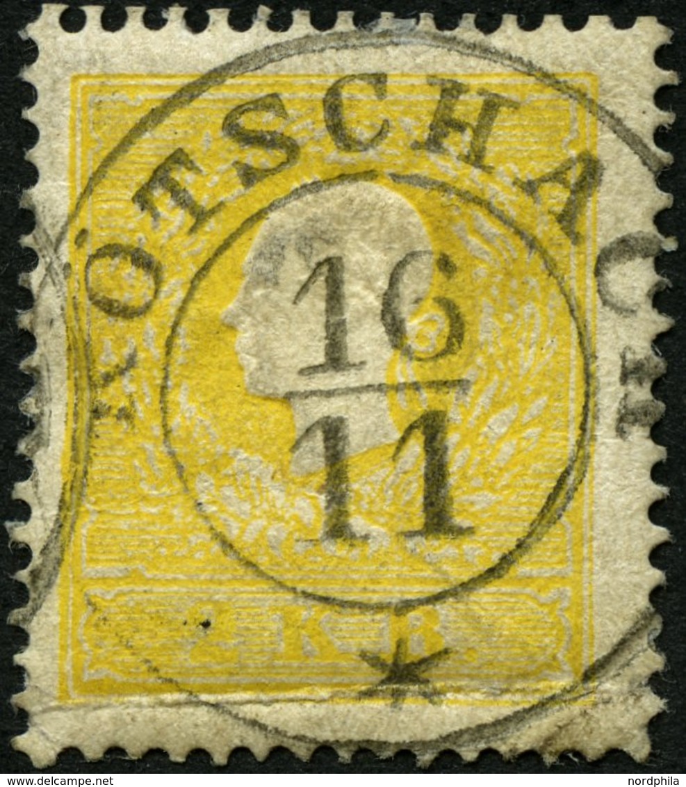 ÖSTERREICH 10Ia O, 1858, 2 Kr. Gelb, Type I, Idealer K2 KÖTSCHACH, Starker Waagerechter Knick Im Unterrand, Mi. 500.- - Usati