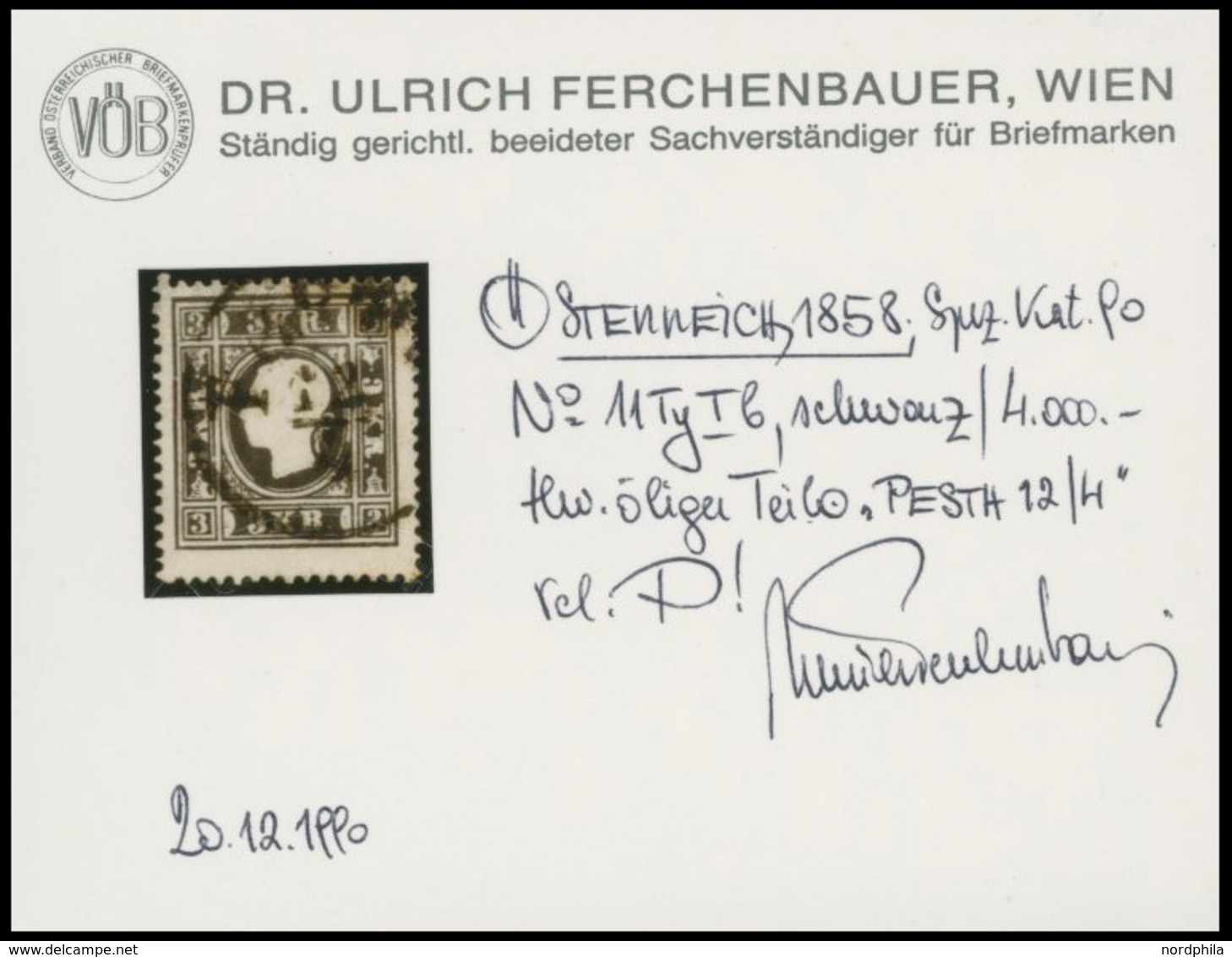 ÖSTERREICH BIS 1867 11Ib O, 1858, 3 Kr. Schwarz, Type Ib, K1 PESTH, Pracht, Fotobefund Dr. Ferchenbauer, Mi. 300.- - Oblitérés