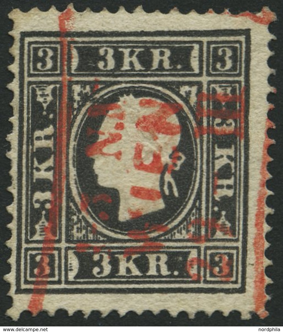 ÖSTERREICH 11II O, 1859, 3 Kr. Schwarz, Type II, Roter R3 WIEN, Pracht, Mi. 230.- - Gebraucht