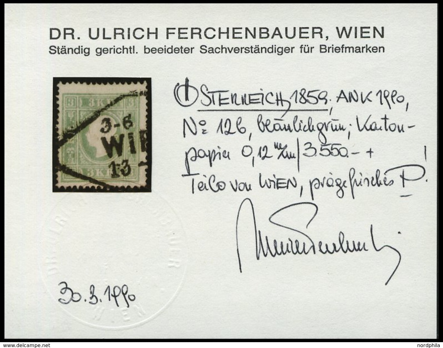 ÖSTERREICH 12b O, 1859, 3 Kr. Bläulichgrün, Stempel WIEN, Pracht, Fotobefund Dr. Ferchenbauer, Mi. 220.- - Gebraucht