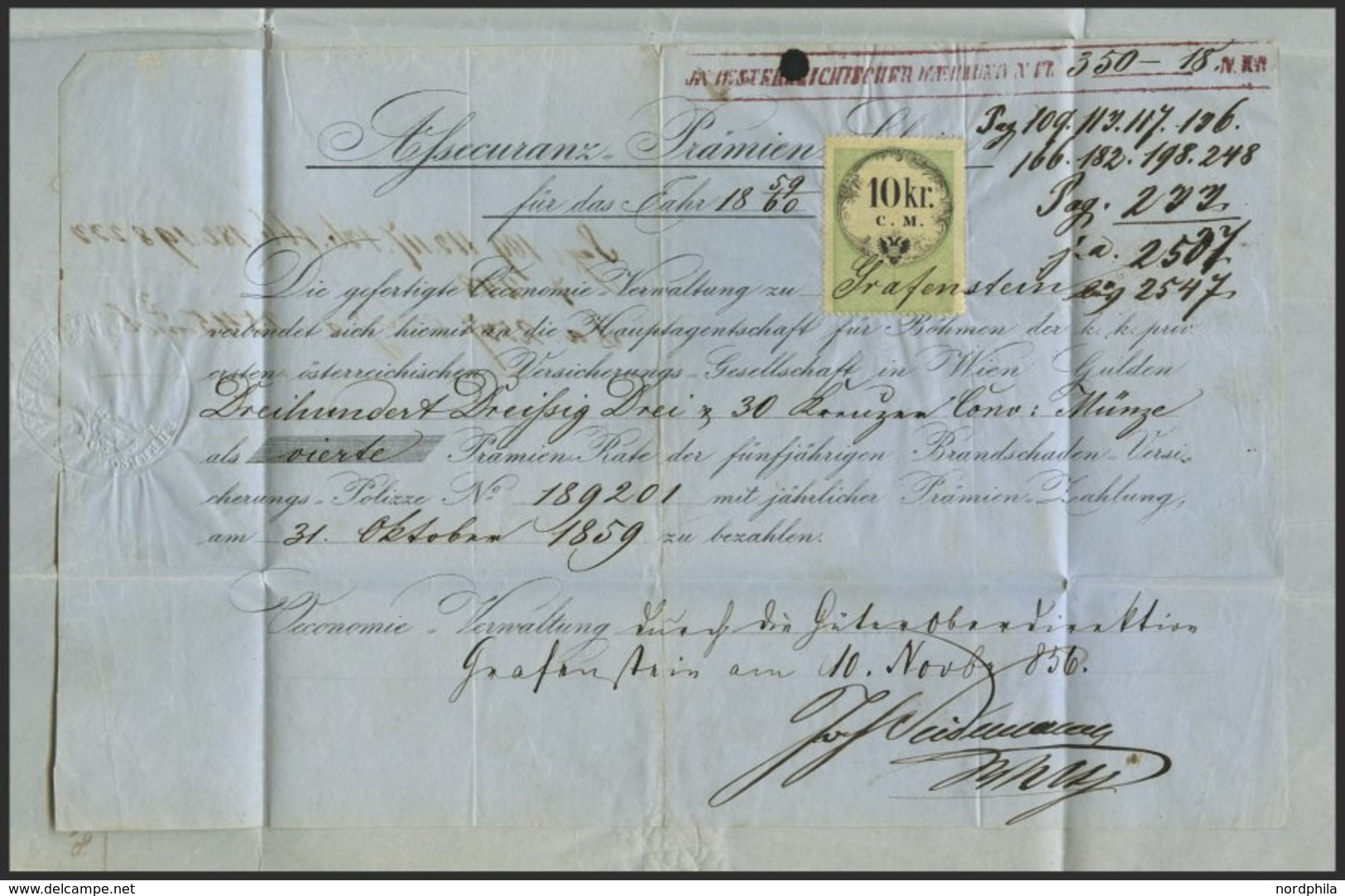 ÖSTERREICH 14II BRIEF, 1859, 10 Kr. Braun, Type II, Auf Brief Der österreichischen Versicherungsanstalt Mit R4 PRAG An D - Gebraucht