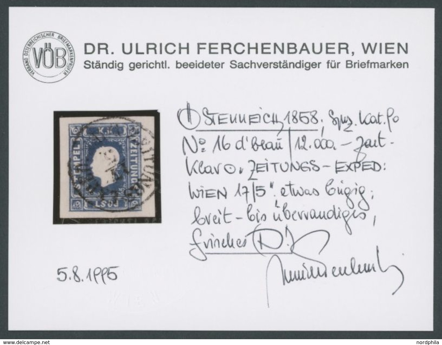 ÖSTERREICH BIS 1867 16b O, 1858, 1.05 Kr. Dunkelblau, K2 ZEITUNGS-EXPED: WIEN, Leicht Bügig, Farbfrisches Breitrandiges  - Oblitérés