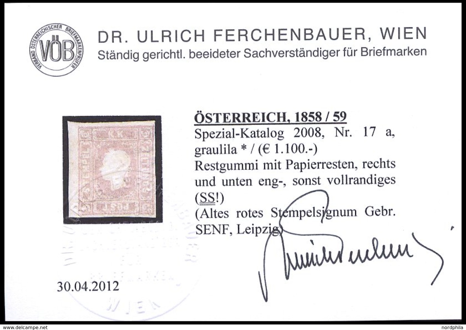 ÖSTERREICH *, 1858, 1.05 Kr. Graulila, Gummireste, Schmal-vollrandig, Pracht, Fotobefund Dr. Ferchenbauer, Mi. 900.- - Oblitérés