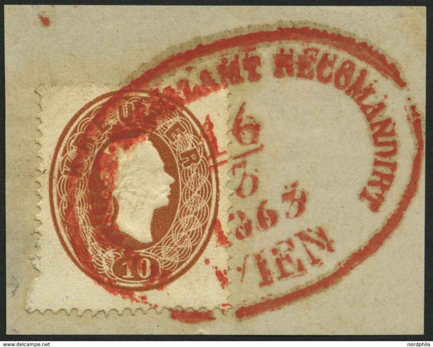 ÖSTERREICH 21 BrfStk, 1863, 10 Kr. Braun, Vollständiger Roter Ovalstempel WIEN K.K. BRIEF-FILIALAMT RECOMMANDIRT 1863, P - Oblitérés