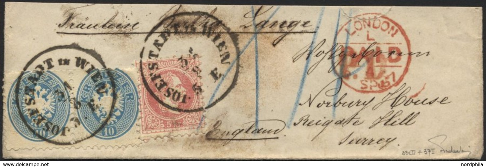 ÖSTERREICH 33 Paar,37I BRIEF, 1867, Mischfrankatur: 10 Kr. Blau Im Waagerechten Paar Und 5 Kr. Karmin Auf Brief (oben Et - Used Stamps