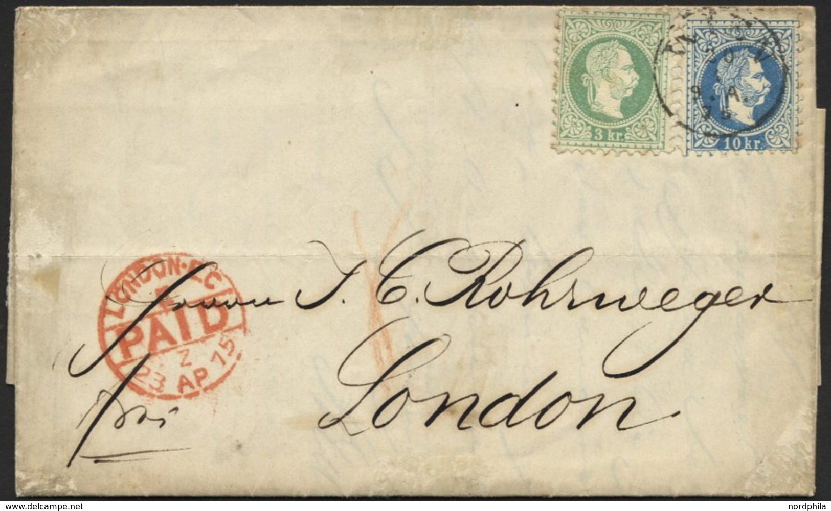 ÖSTERREICH 36,38I BRIEF, 1875, 3 Kr. Grün Und 10 Kr. Blau, Grober Druck, Auf Brief Von WIEN Nach London, Leichte Patina, - Oblitérés