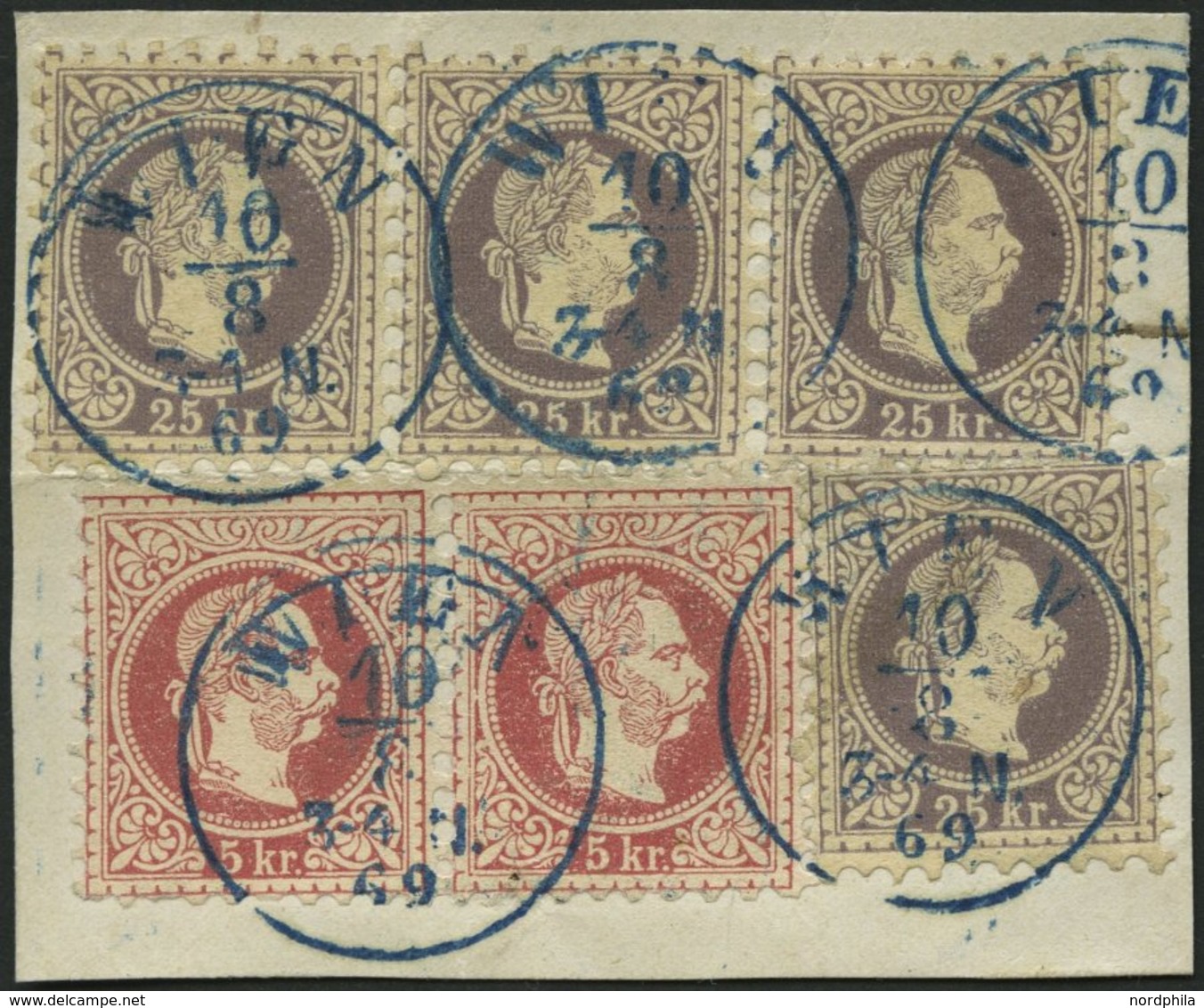 ÖSTERREICH 37I,40Ic BrfStk, 1869, 25 Kr. Dunkellila Im Waagerechten Dreierstreifen Und Einzelmarke Mit Waagerechtem Paar - Usati