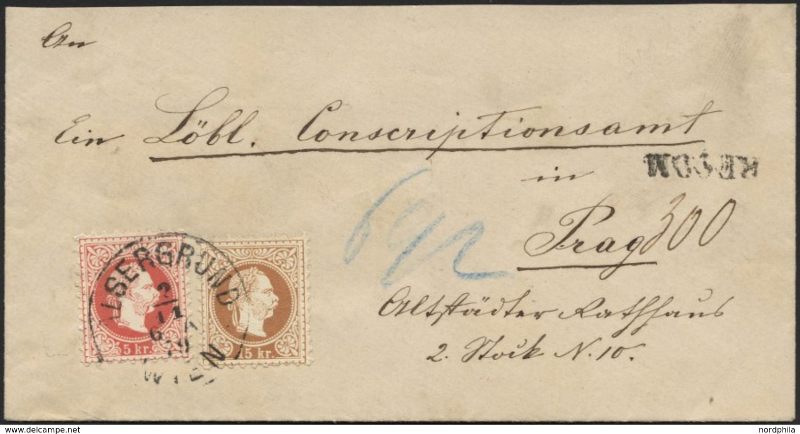 ÖSTERREICH 37II,39II BRIEF, 1879, 5 Kr. Rot Und 15 Kr. Braun, Feiner Druck, Auf Reco-Brief Von WIEN ALSERGRUND Nach Prag - Used Stamps