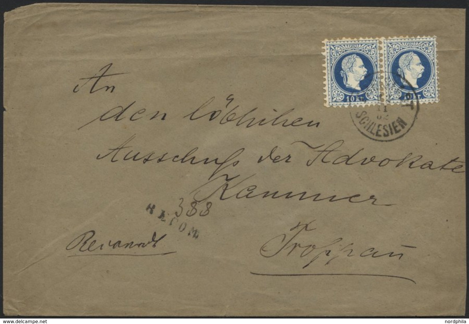 ÖSTERREICH 38II Paar BRIEF, 1882, 10 Kr. Blau, Feiner Druck, Im Waagerechten Paar Auf Reco-Brief Von Schlesien Nach Trop - Usados
