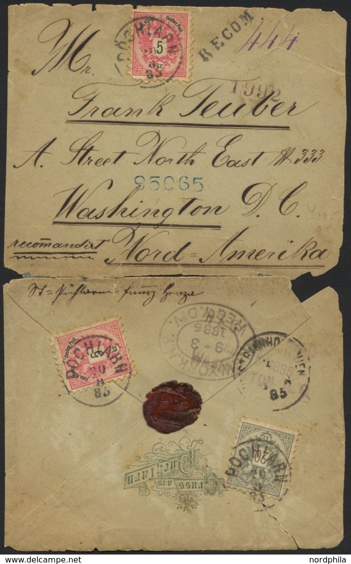 ÖSTERREICH 46I,48 BRIEF, 1885, 5 Kr. Rot (2x) Und 20 Kr. Olivgrau Auf RECOM-Brief Von POCHLAHN (K1) Nach Washington, Sta - Usados