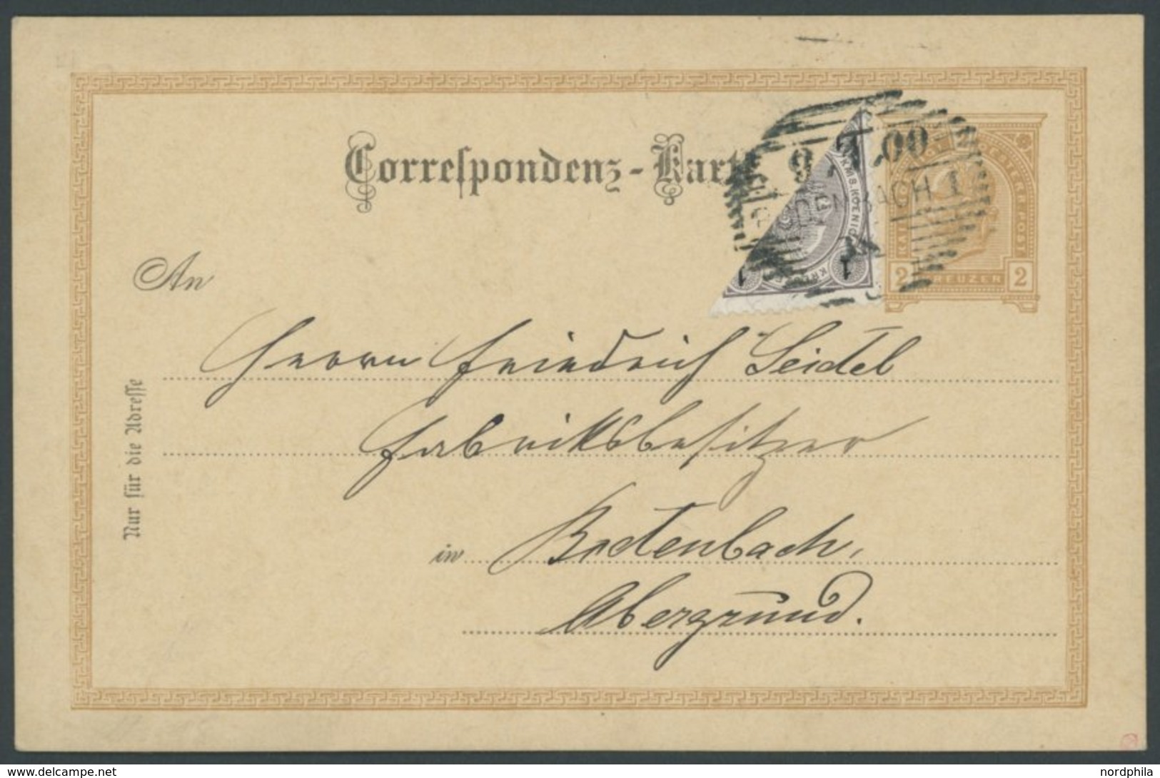 ÖSTERREICH 1867-1918 69H BRIEF, 1900, 1 H. Lebhaftbraunpurpur/schwarz, Diagonal Halbiert Als Zusatzfrankatur Auf 2 Kr. G - Used Stamps