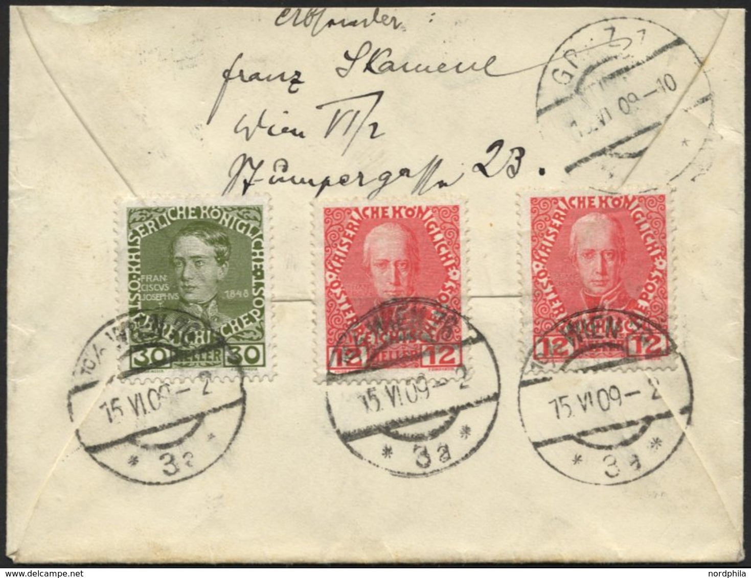 ÖSTERREICH 145,148 BRIEF, 1909, 12 H. (2x) Und 30 H. Regierungsjubiläum, Rückseitig Auf Expressbrief Von Wien Nach Graz, - Usati