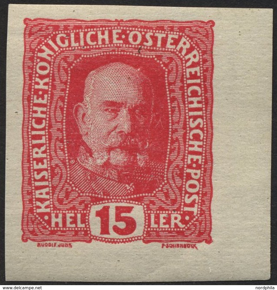 ÖSTERREICH 190U *, 1916, 15 H. Rosarot, Ungezähnt, Randstück, Falzrest, Pracht - Used Stamps