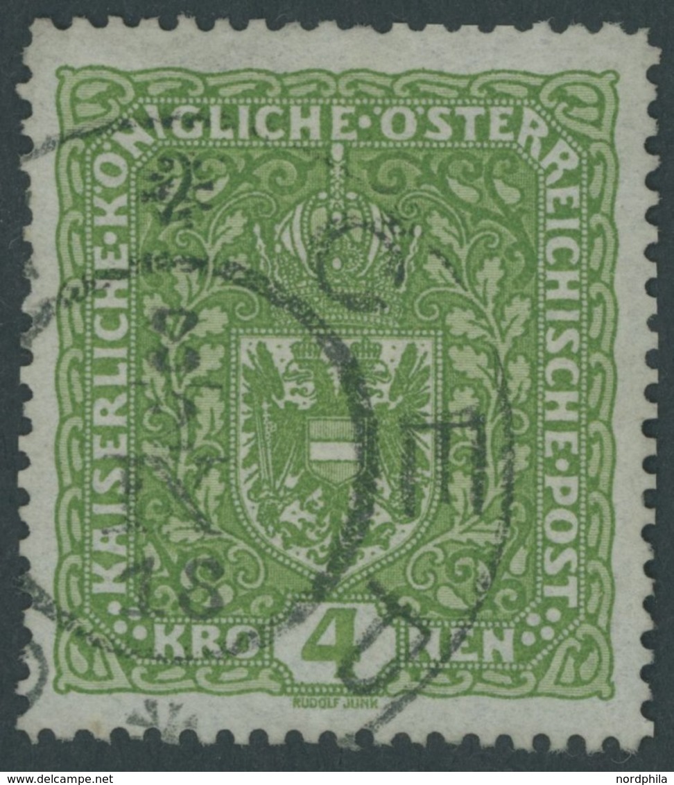 ÖSTERREICH 1867-1918 206II O, 1917, 4 Kr. Dunkelgelblichgrün, Type II, Pracht, Mi. 80.- - Usati