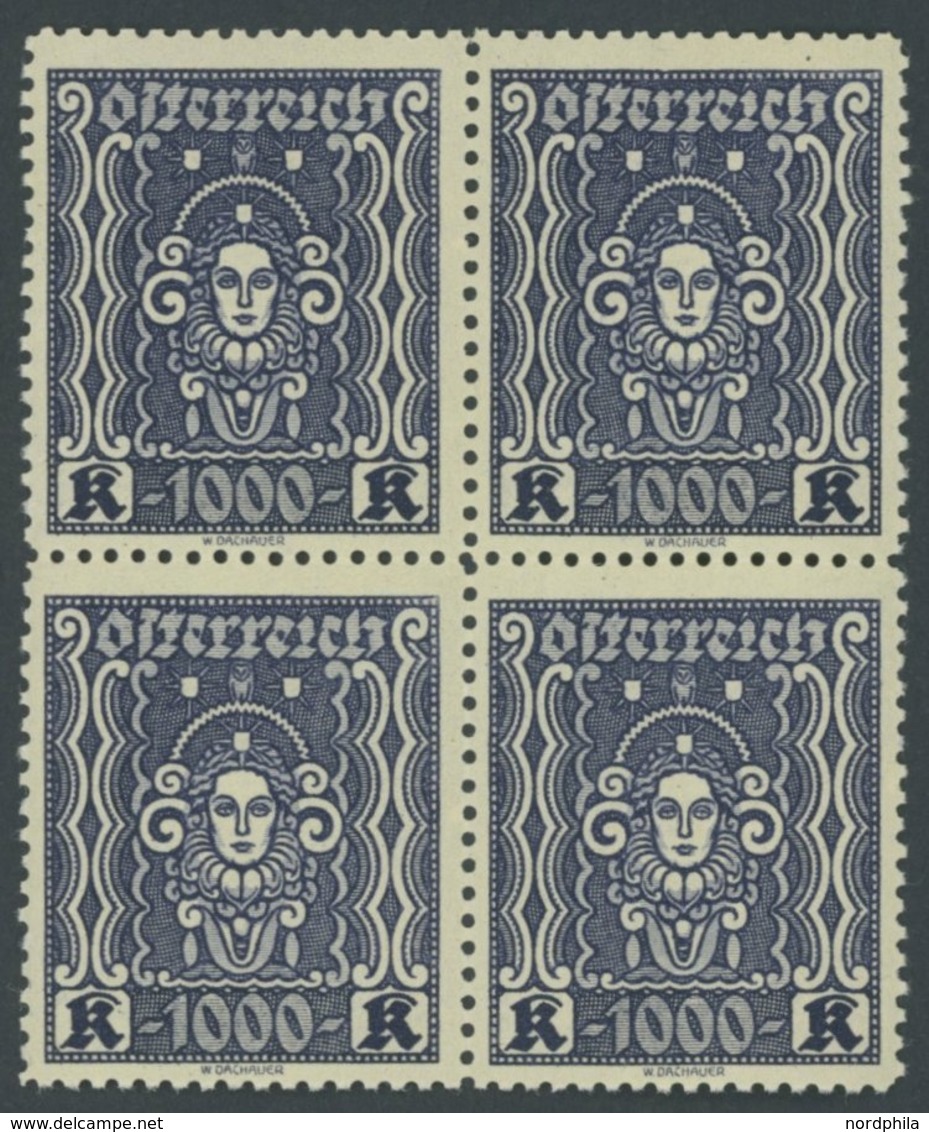 ÖSTERREICH 1918-1938 404B VB **, 1922, 1000 Kr. Schwarzblau, Gezähnt L 111/2, Im Postfrischen Viererblock, Pracht, Mi. ( - Other & Unclassified