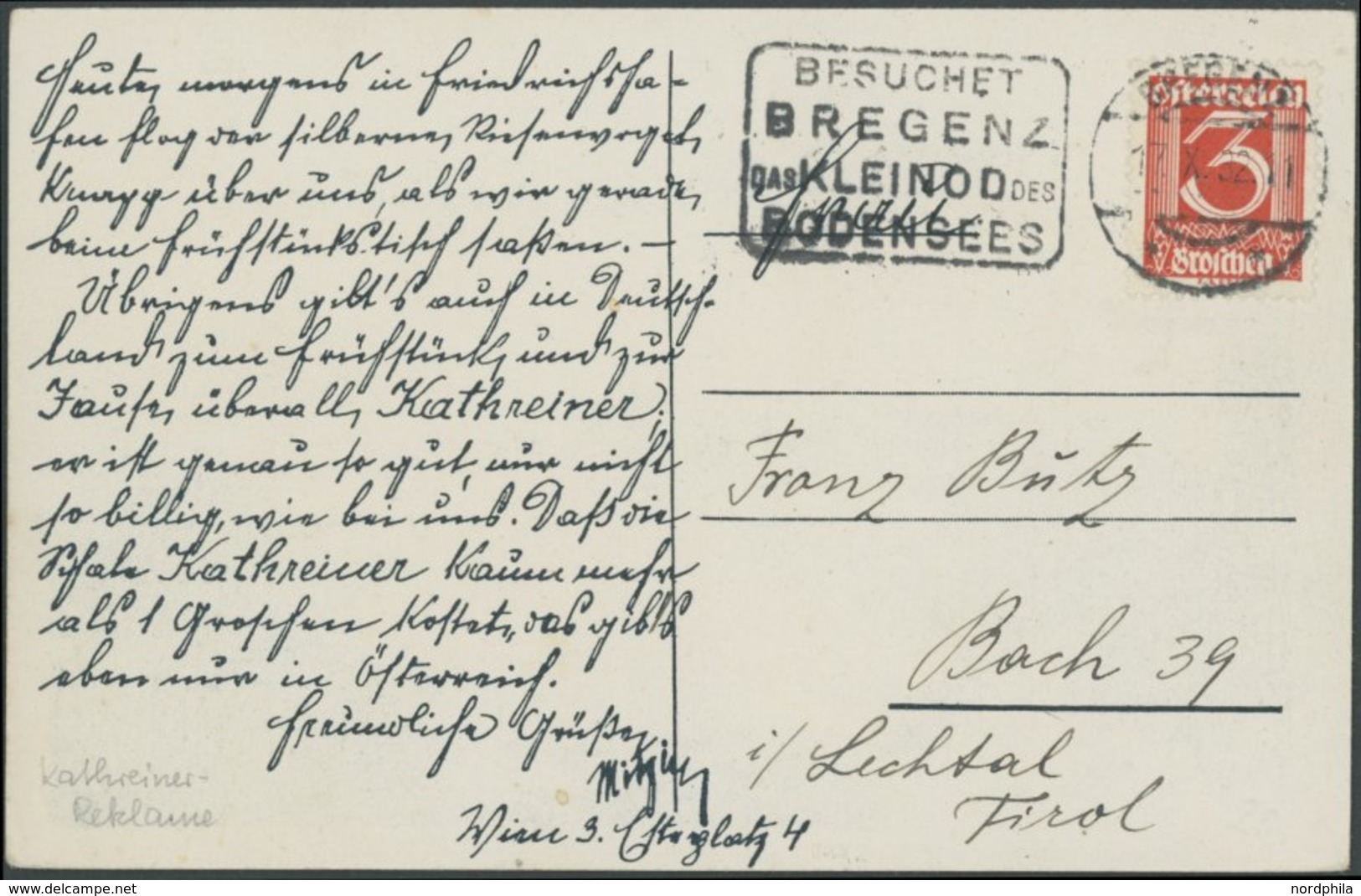 ÖSTERREICH 1918-1938 449 BRIEF, 1932, Zeppelin-Ansichtskarte Mit Text Kathreiner Malzkaffee - Reklame, Frankiert Mit 3 G - Other & Unclassified