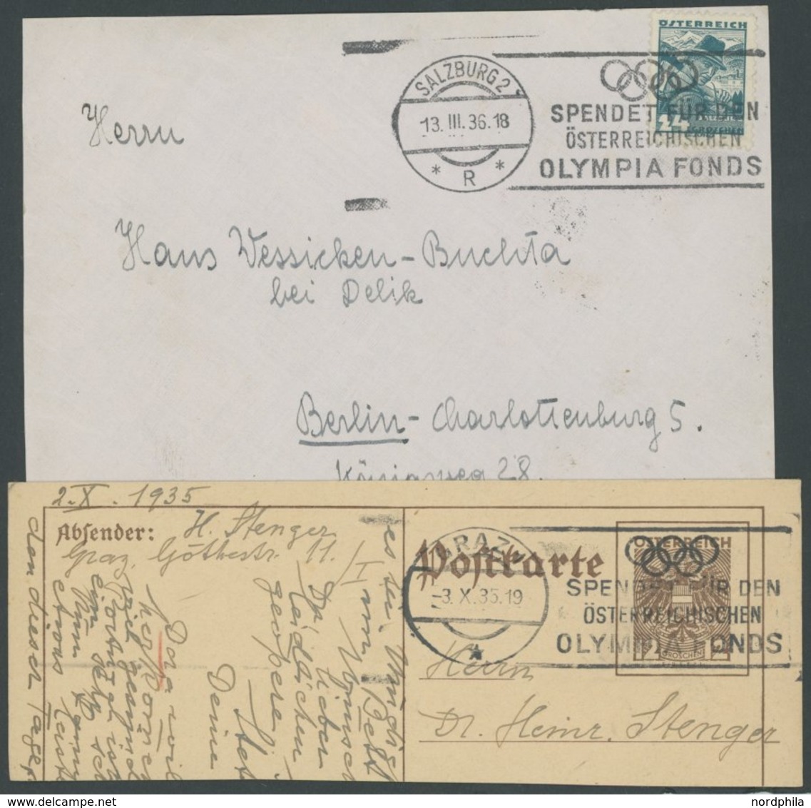 ÖSTERREICH 1918-1938 1935/6, 2 Werbestempel Spenden Für Den Österreichischen Olympia Fonds Aus GRAZ 1 Bzw. SALZBURG 2 Au - Other & Unclassified