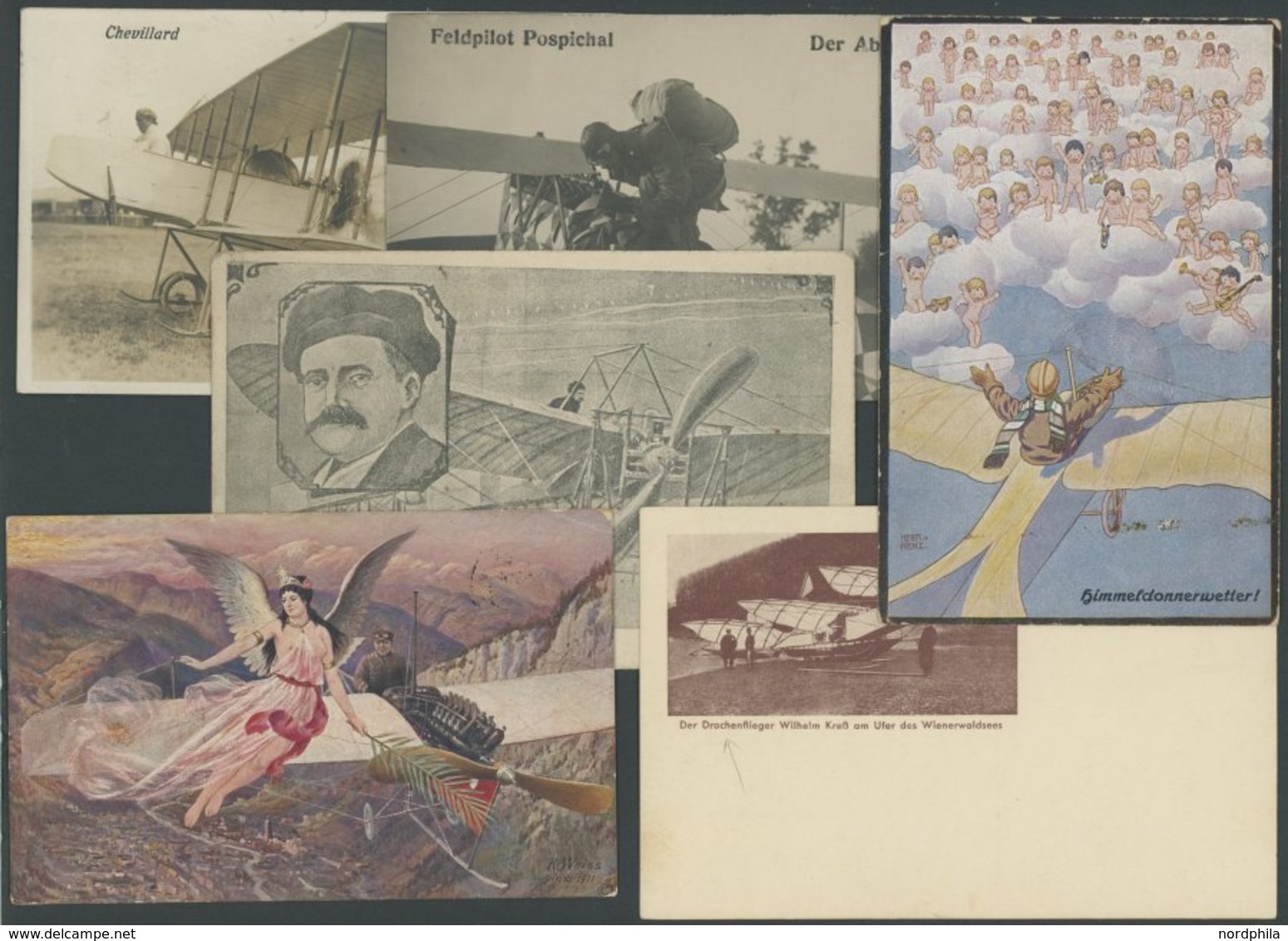 FLUGPOST BIS 1938 1909/31, 6 Verschiedene Ansichtskarten Luftfahrt, U.a. Drachenflieger Kress, Bleriot Etc., Fast Alle G - Premiers Vols