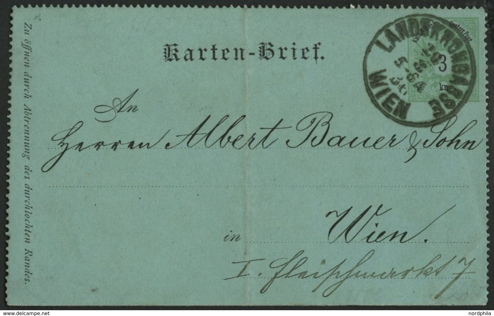 GANZSACHEN K 1a BRIEF, 1886, 3 Kr. Grün, Orts-Kartenbrief (deutsch), Grün, Mit K1 LANDSKRONGASSE WIEN, Feinst - Other & Unclassified