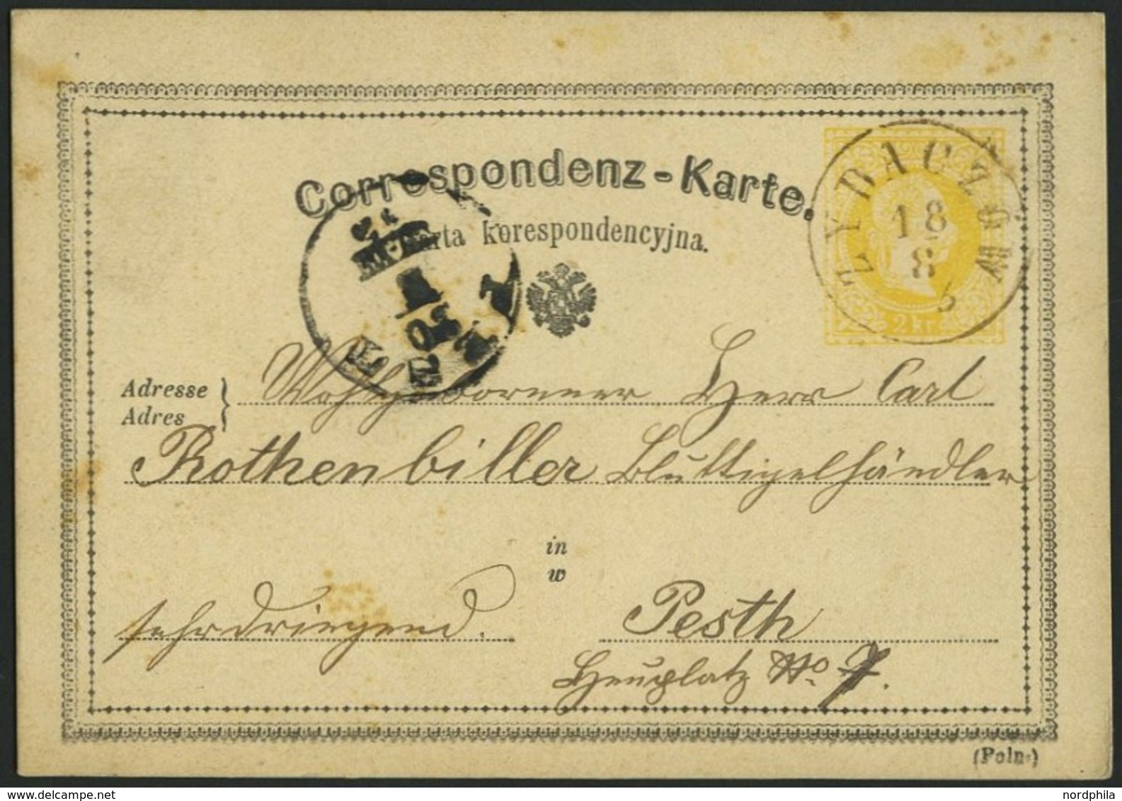 GANZSACHEN P 20 BRIEF, 1873, 2 Kr. Gelb, Karte (Poln.) Von ZYBACZOW Nach Pesth, Feinst - Other & Unclassified