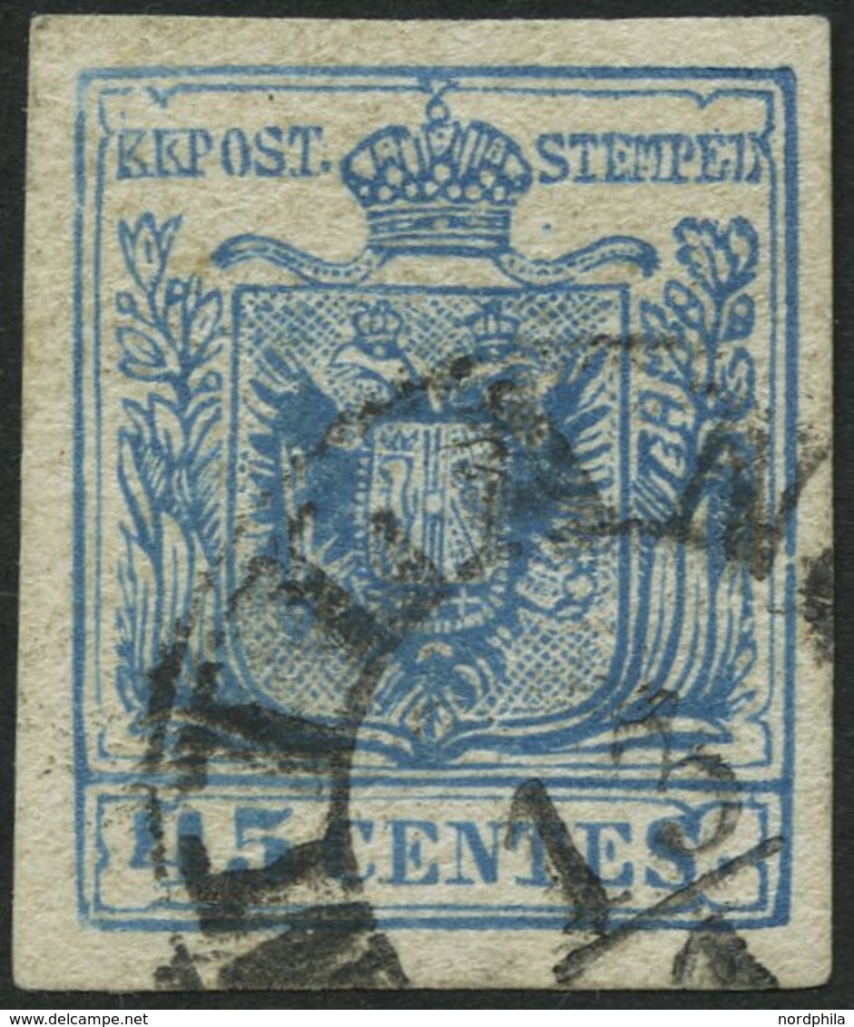 LOMBARDEI UND VENETIEN 5PFä O, 1850, 45 C. Blau Mailänder Postfälschung, Type II, K1 MILANO, Helle Stelle, Bildseitig Ka - Lombardo-Veneto