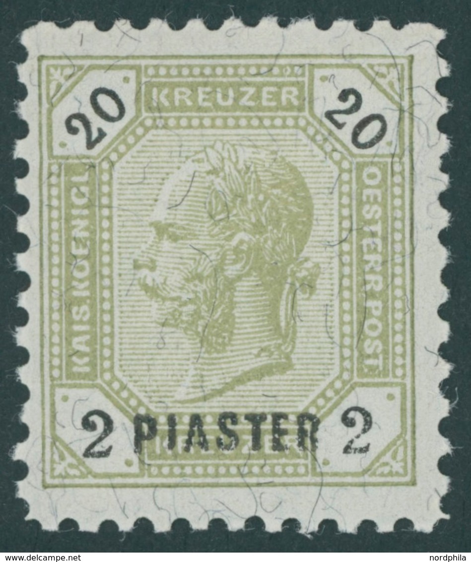 POST IN DER LEVANTE 28B *, 1891, 2 Pia. Auf 20 Kr. Grünlicholiv/schwarz, Gezähnt L 91/4. Herstellungsbedingter Gummibug, - Levant Autrichien