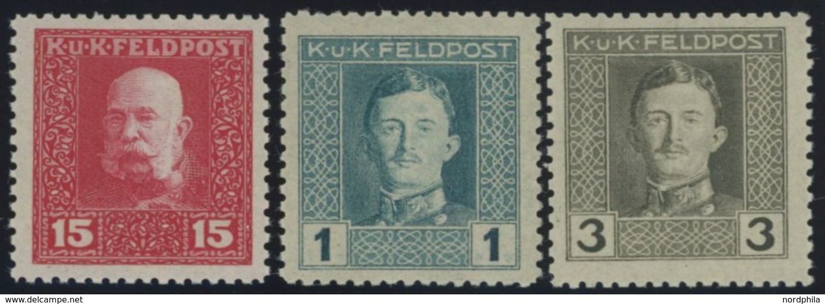 AT-HUNG. FELDPOST ALLG. AUSG. 65,71/2B **, 1917, 50 H., 4 Kr. Und 10 Kr. Kaiser Karl I, Gezähnt L 111/2, Postfrisch, 3 P - Altri & Non Classificati