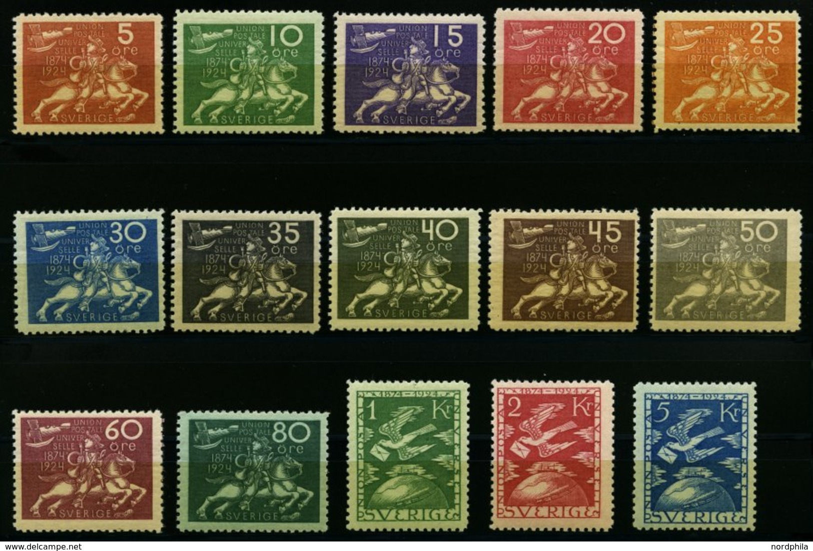 SCHWEDEN 159-73 *, 1924, UPU, Falzrest, Prachtsatz, Facit 5500.- Skr. - Usati