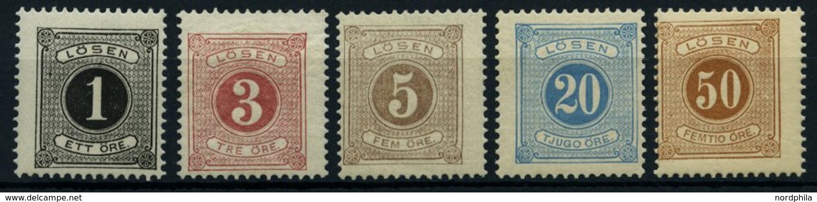 PORTOMARKEN P 1-3,6,9B **, 1877, 1-5, 20 Und 50 Ö Lösen, Gezähnt 13, 5 Postfrische Werte, Pracht - Usados