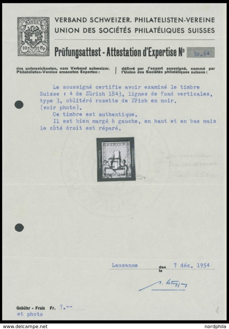 ZÜRICH 1I O, 1843, 4 Rp. Schwarz/dunkelbräunlichrot, Linienunterdruck Senkrecht, Type III, Schwarze Rosette (Mi.-Spezial - 1843-1852 Federal & Cantonal Stamps