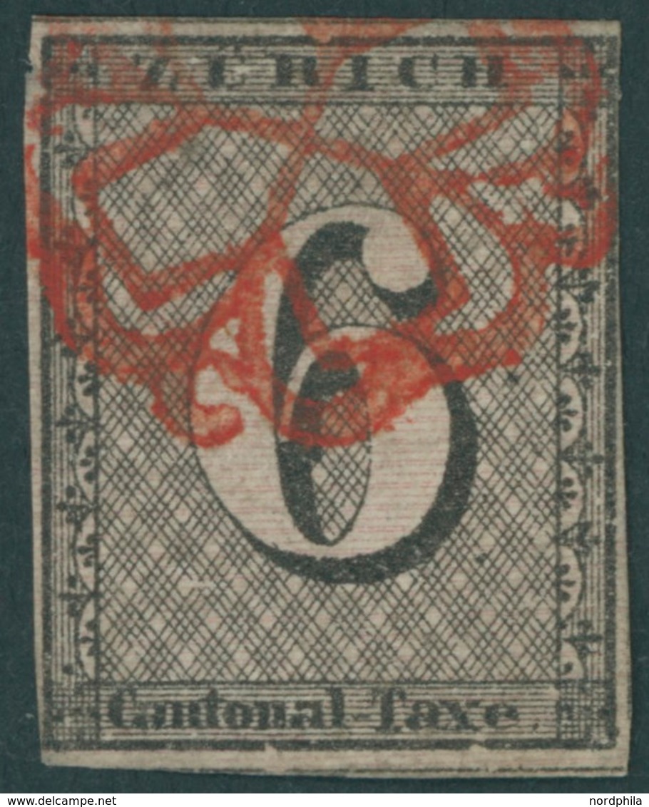 ZÜRICH 2II O, 1843, 6 Rp. Schwarz/dunkelbräunlichrot, Linienunterdruck Waagerecht, Type IV, Rote Rosette, Repariert Wie  - 1843-1852 Timbres Cantonaux Et  Fédéraux