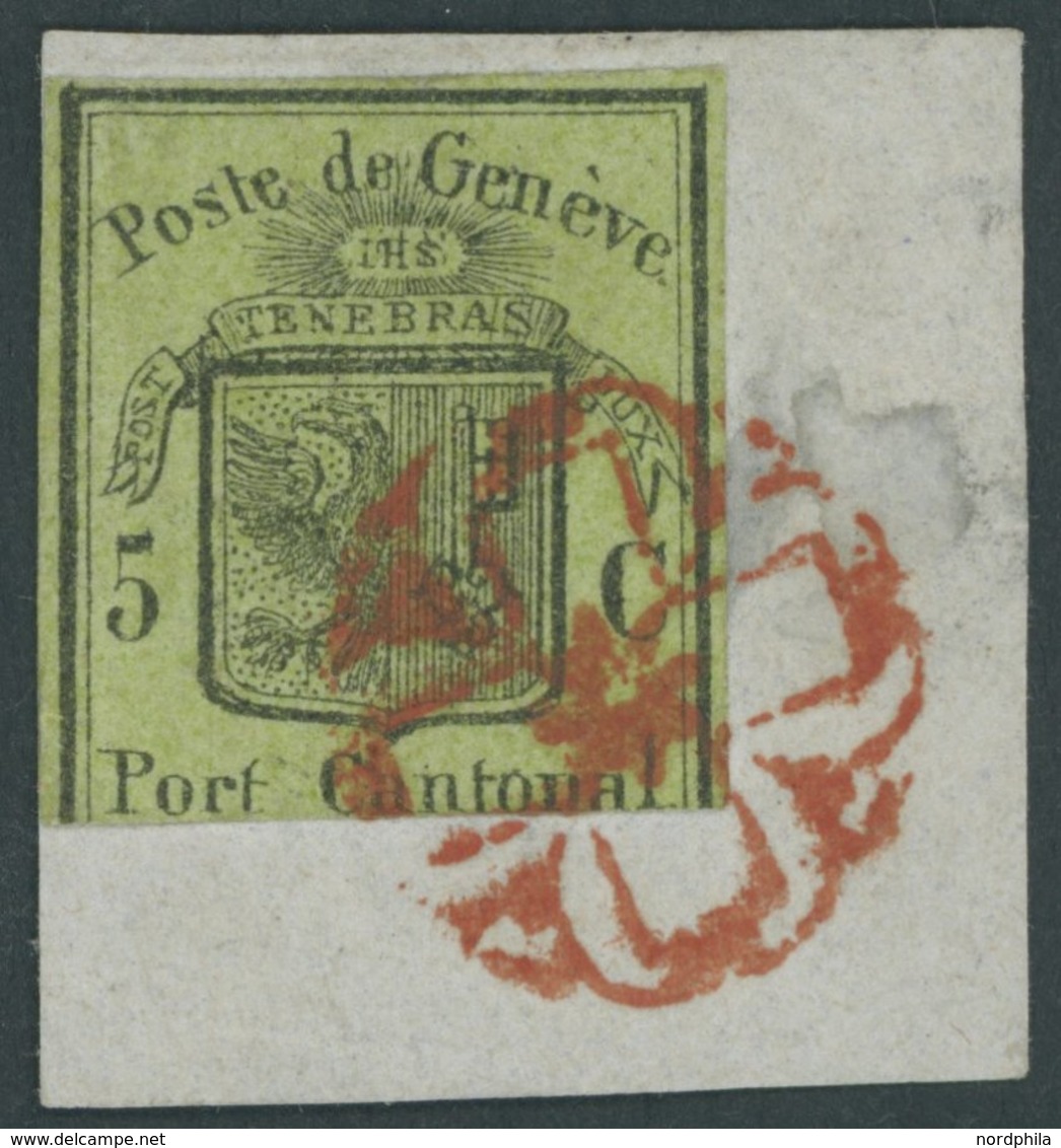 GENF 4 BrfStk, 1847, 5 C. Schwarz Auf Lebhaftgelboliv Großer Adler Mit Roter Rosette Auf Briefstück, Unten Beschnitten,  - 1843-1852 Correos Federales Y Cantonales