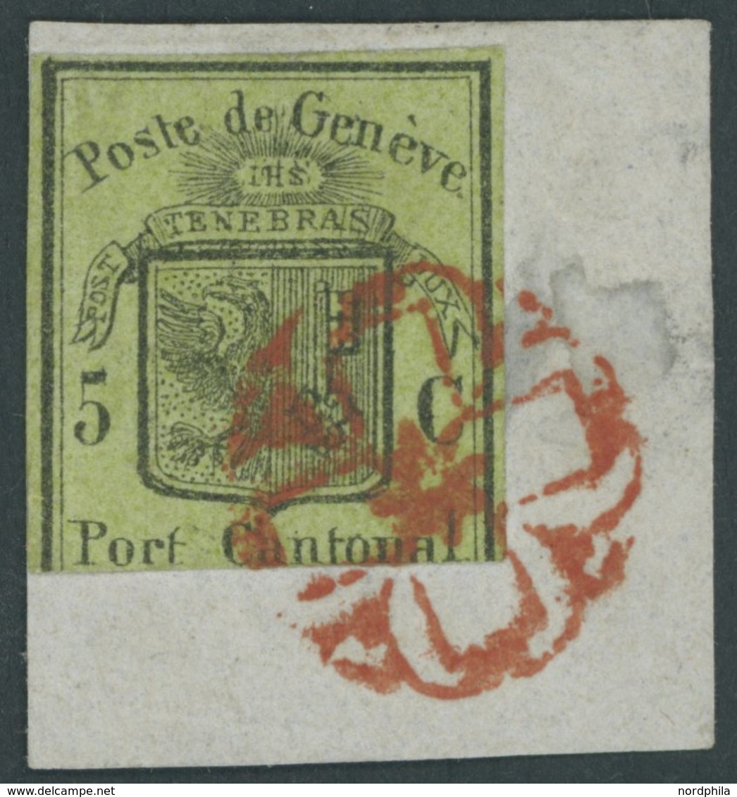 GENF 4 BrfStk, 1847, 5 C. Schwarz Auf Lebhaftgelboliv Großer Adler Mit Roter Rosette Auf Briefstück, Unten Beschnitten,  - 1843-1852 Federal & Cantonal Stamps