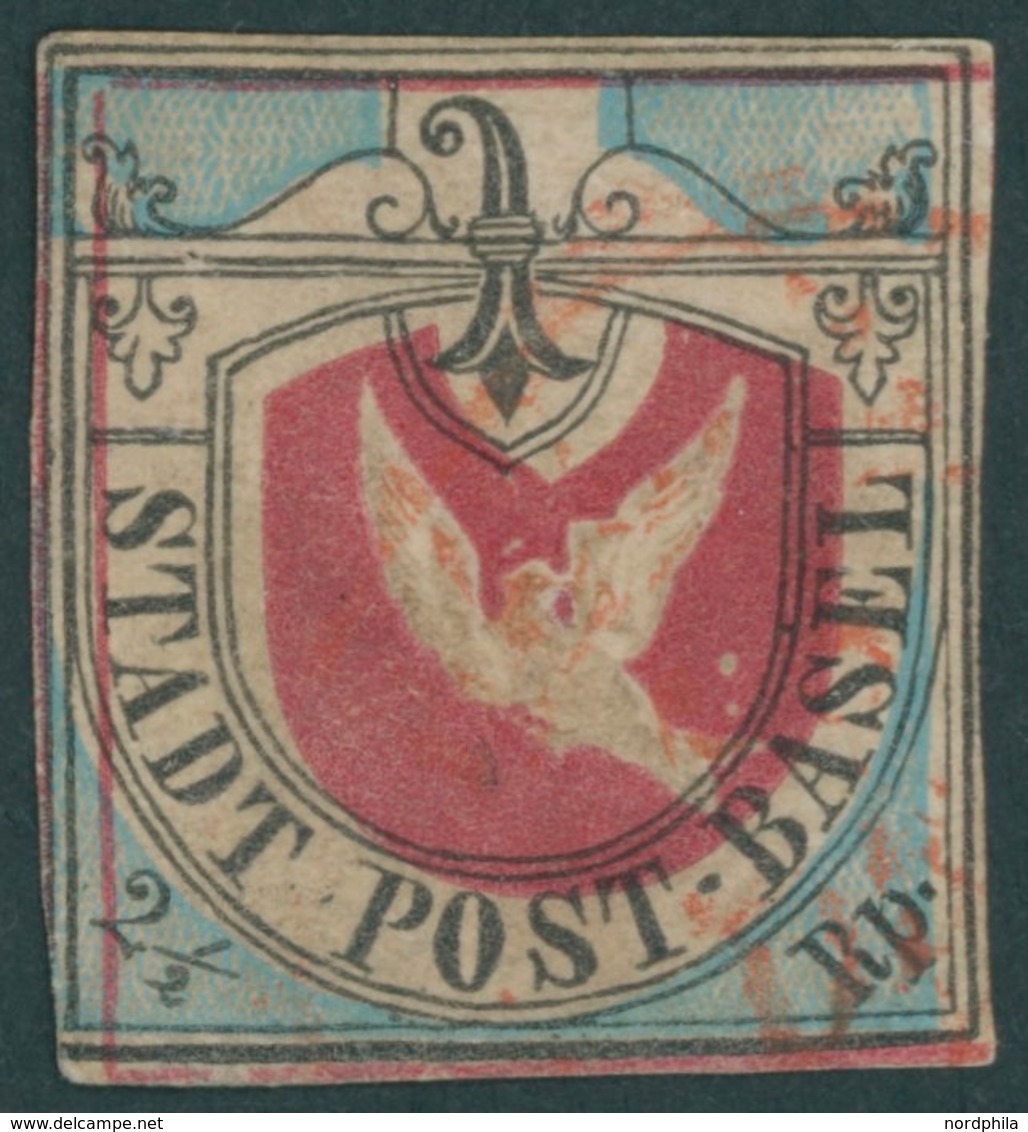 BASEL 1b O, 1845, 21/2 Rp. Schwarz/lebhaftblau/karmin Basler Taube, Rückseitig Repariert, Bildseitig Prachtstück, Fotoat - 1843-1852 Federal & Cantonal Stamps