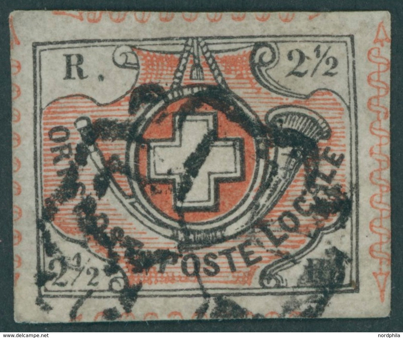 SCHWEIZ BUNDESPOST 4 O, 1850, 21/2 Rp. Schwarz/braunrot, Sog. Winterthur, Mit Schwarzer Rosette, Repariert, Bildseitig P - 1843-1852 Timbres Cantonaux Et  Fédéraux