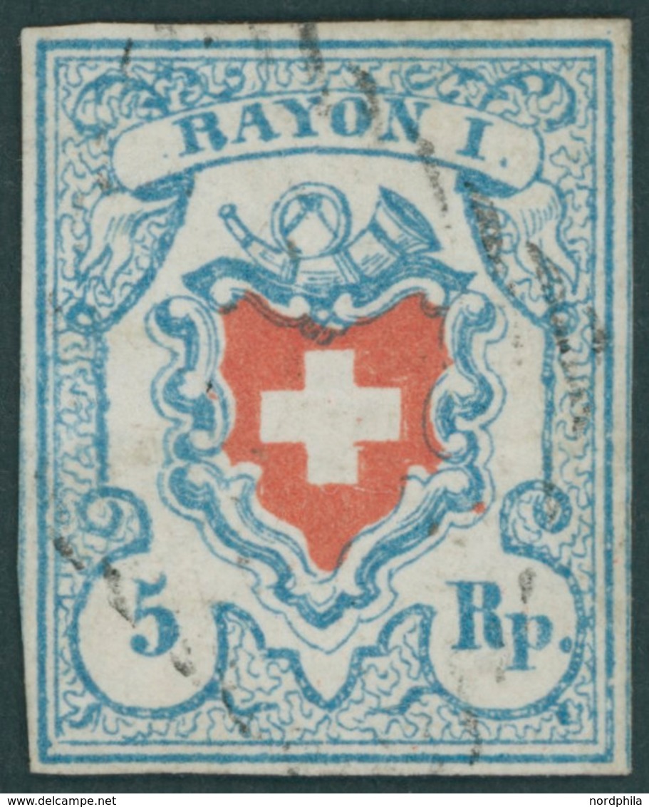 SCHWEIZ BUNDESPOST 9II O, 1851, 5 Rp. Hellblau/rot Mit Retusche Im Rotdruckstein (Zst. Nr. 17II.3.17, Type 24, Stein U/L - 1843-1852 Federal & Cantonal Stamps