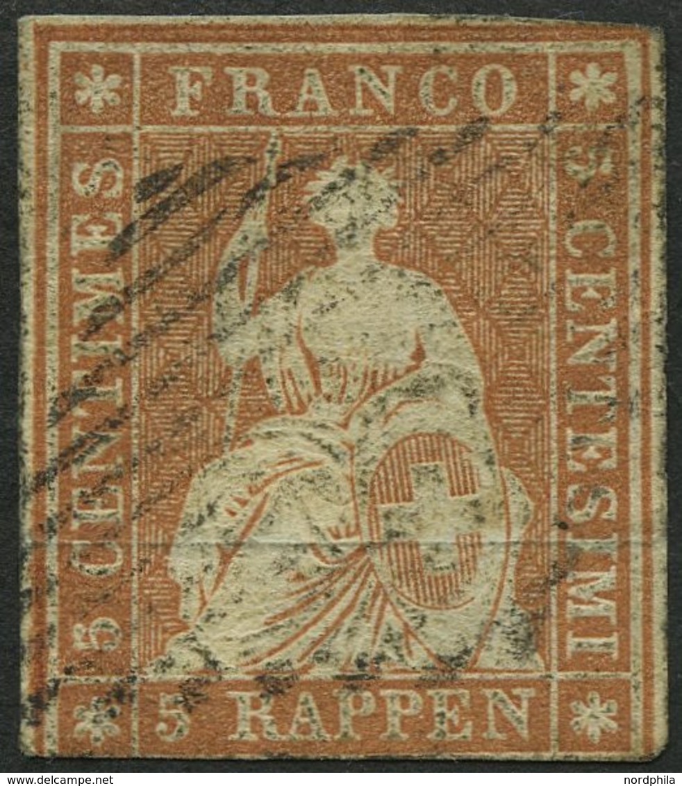 SCHWEIZ BUNDESPOST 13Ia O, 1854, 5 Rp. Braunorange, 1. Münchner Druck, (Zst. 22Aa), Unten Etwas Angeschnitten Sonst Meis - 1843-1852 Federal & Cantonal Stamps