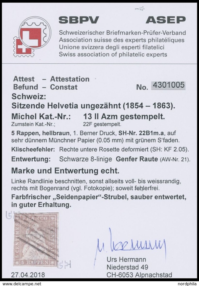 SCHWEIZ BUNDESPOST 13IIAzm O, 1854, 5 Rp. Mittelgraubraun, Seidenpapier, Berner Druck II,(Zst. 22F), Klischeefalte (SH:  - 1843-1852 Federal & Cantonal Stamps