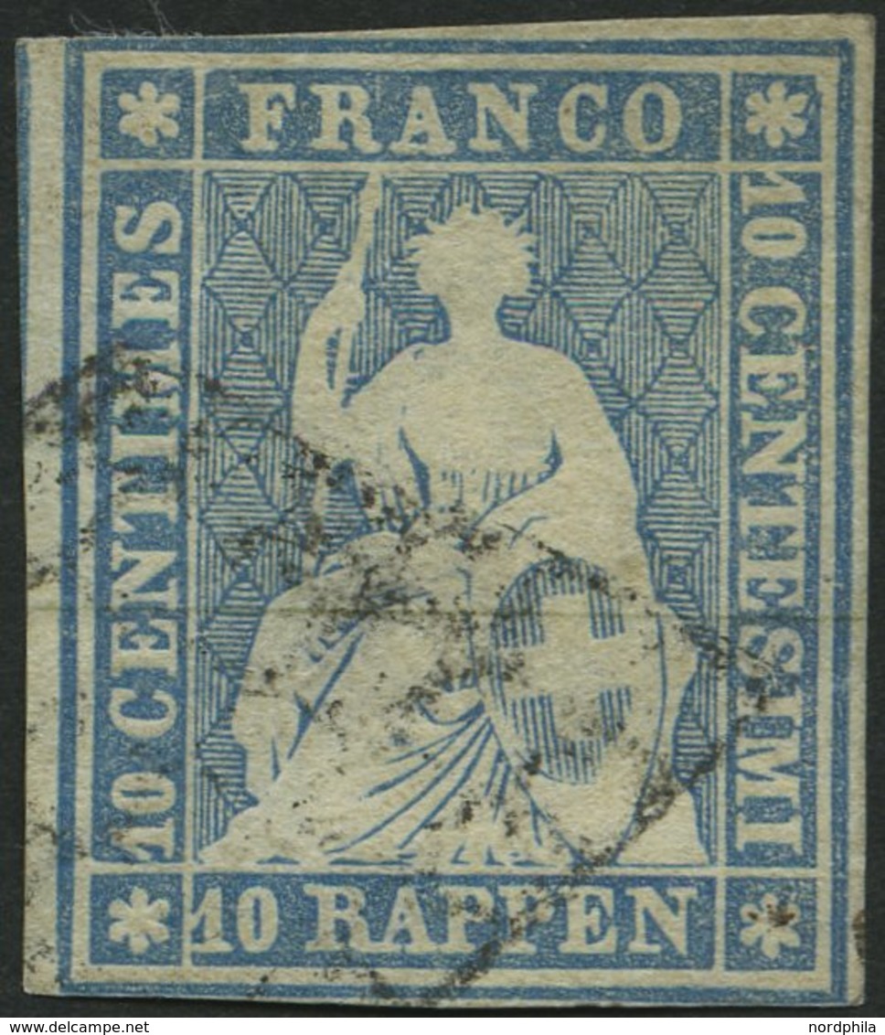 SCHWEIZ BUNDESPOST 14Ib O, 1854, 10 Rp. Mittelblau, 2. Münchener Druck, (Zst. 23A), Schmal-breitrandig, Pracht, Gepr. Vo - 1843-1852 Federal & Cantonal Stamps
