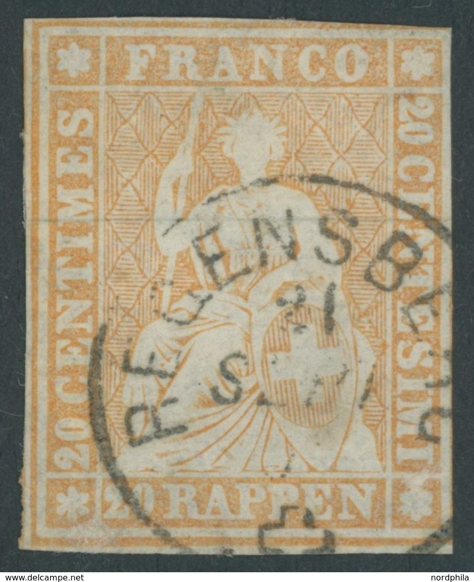 SCHWEIZ BUNDESPOST 16IIAzm O, 1855, 20 Rp. Gelborange, Berner Druck I, (Zst. 25F) K1 REGENBERG, Feinst, Gepr. Abt, Mi. 2 - 1843-1852 Timbres Cantonaux Et  Fédéraux