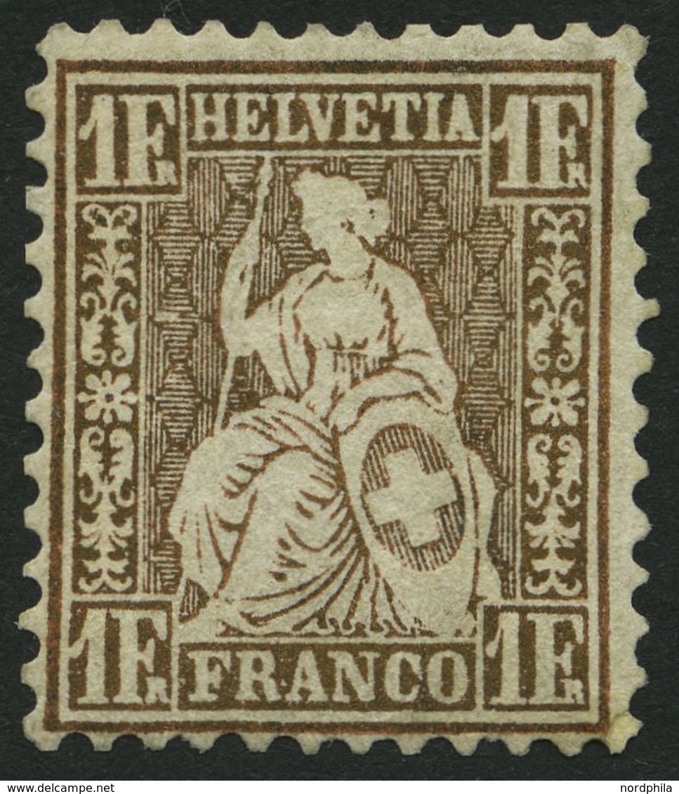 SCHWEIZ BUNDESPOST 28a *, 1863, 1 Fr. Goldbronze, Zähnung Leicht Korrigiert Und Eingesetzter Eckzahn, Mi. 1400.- - 1843-1852 Timbres Cantonaux Et  Fédéraux