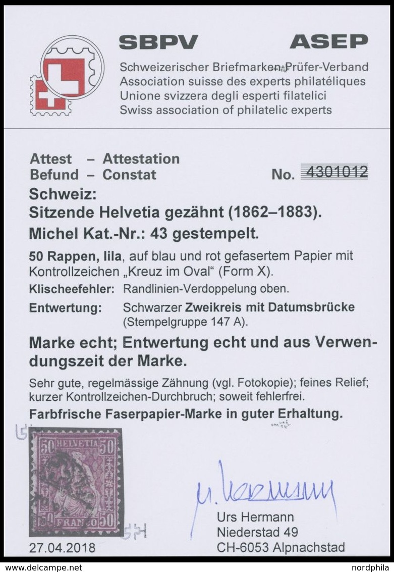 SCHWEIZ BUNDESPOST 43 O, 1881, 50 C. Lila, Faserpapier, Feinst, Fotobefund Hermann, Mi. 450.- - 1843-1852 Correos Federales Y Cantonales