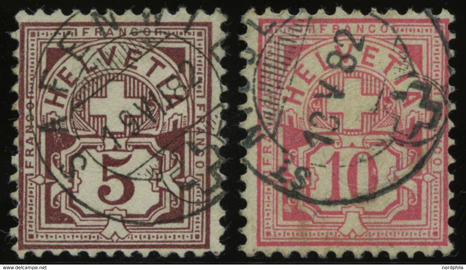 SCHWEIZ BUNDESPOST 46/7 O, 1882, 5 C. Lilabraun Und 10 C. Lebhaftrosarot, 2 Werte üblich Gezähnt Pracht, Mi. 200.- - 1843-1852 Timbres Cantonaux Et  Fédéraux