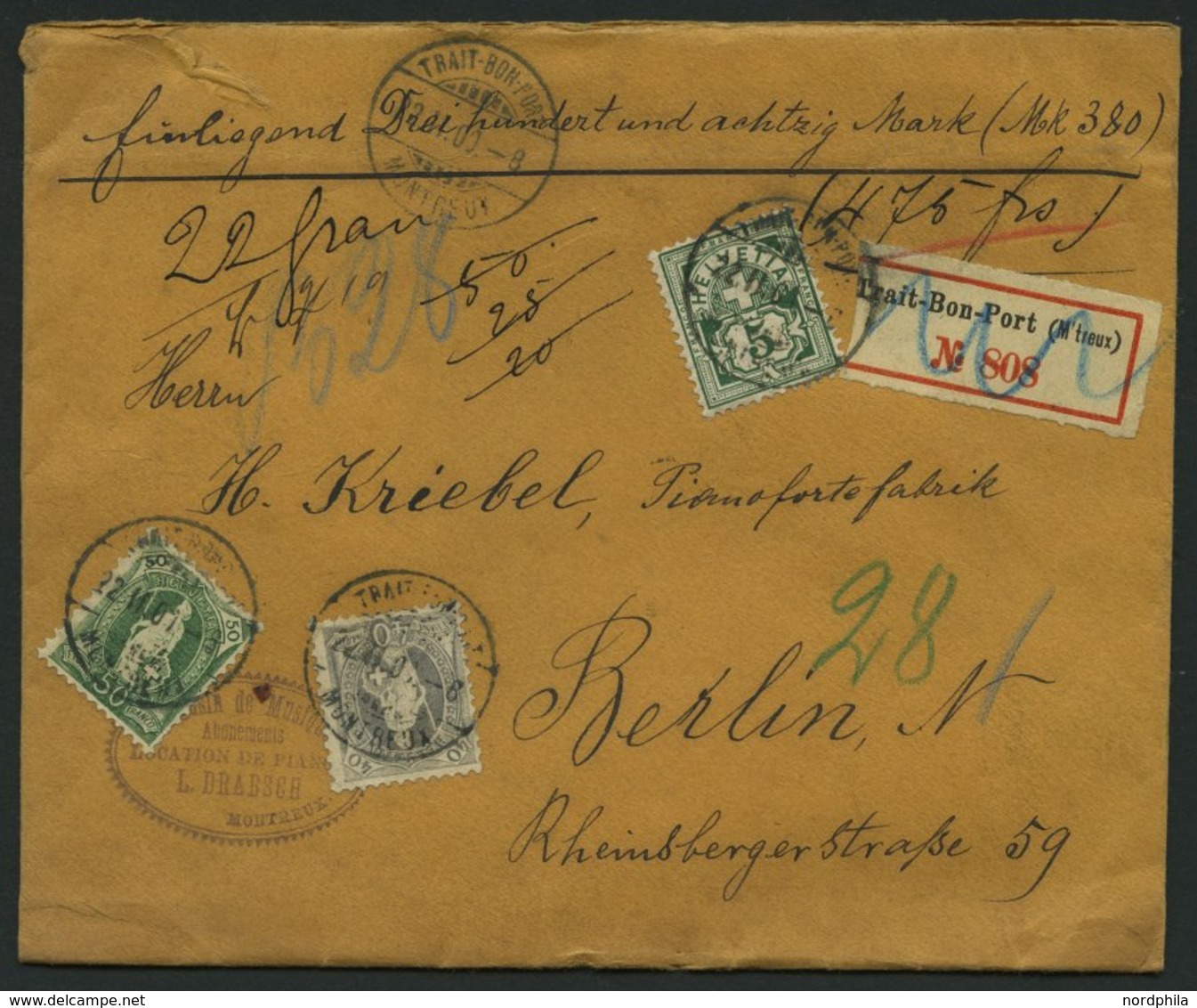 SCHWEIZ BUNDESPOST 61,69C,84 BRIEF, 1900, 40 C., 50 C. Und 5 C. Auf Geldbrief Von Trait-Bon-Port Nach Berlin, Pacht - 1843-1852 Federal & Cantonal Stamps