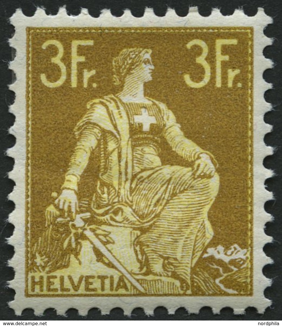 SCHWEIZ BUNDESPOST 110 *, 1908, 3 Fr. Schwärzlichgraugelb/mattgelb, Falzreste, Gummi Etwas Wellig, Pracht, Mi. 320.- - 1843-1852 Federal & Cantonal Stamps