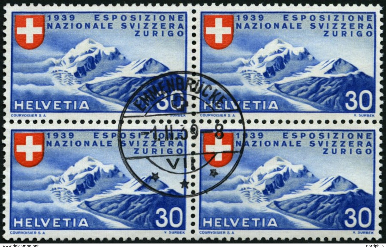 SCHWEIZ BUNDESPOST 343 VB O, 1939, 20 C. Landesausstellung, Italienische Inschrift, Im Viererblock Mit Zentrischem Erstt - 1843-1852 Poste Federali E Cantonali