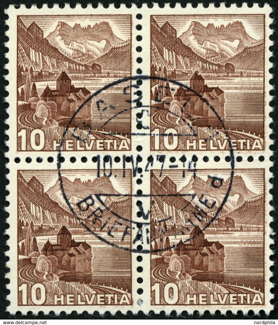 SCHWEIZ BUNDESPOST 363z VB O, 1940, 10 C. Dunkelrötlichbraun, Geriffelter Gummi, Im Zentrisch Gestempelten Viererblock,  - 1843-1852 Poste Federali E Cantonali