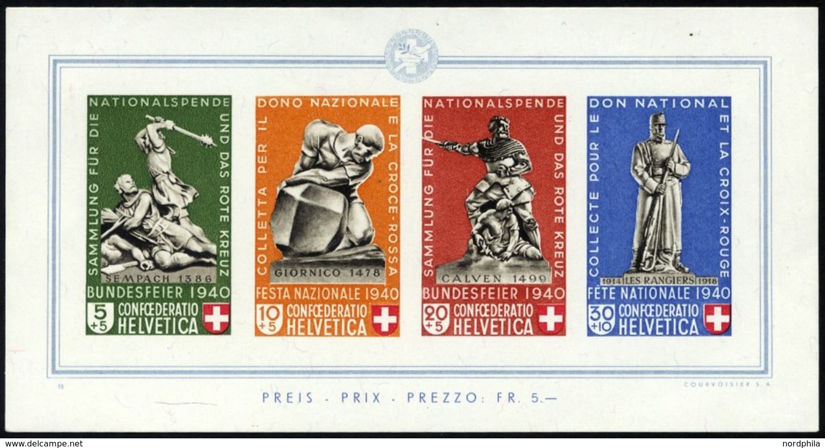 SCHWEIZ BUNDESPOST Bl. 5 *, 1940, Block Pro Patria, Pracht - 1843-1852 Poste Federali E Cantonali