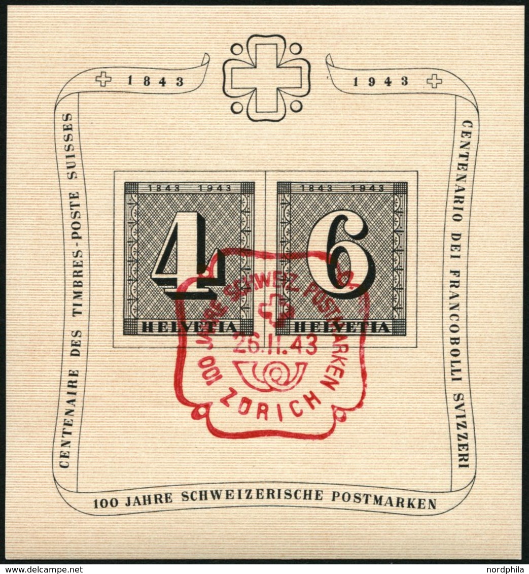 SCHWEIZ BUNDESPOST Bl. 8 O, 1943, Block 100 Jahre Briefmarken Mit Rotem Ersttags-Sonderstempel, Pracht, Mi. 65.- - 1843-1852 Poste Federali E Cantonali