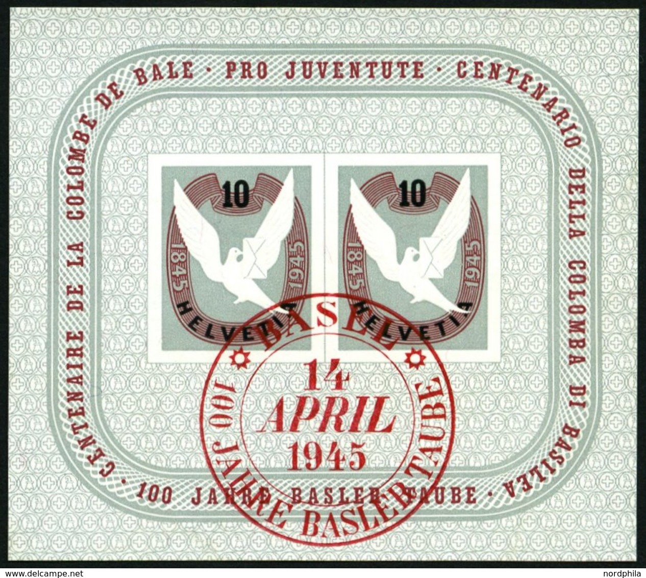 SCHWEIZ BUNDESPOST Bl. 12 O, 1945, Block Basler Taube, Roter Ersttags-Sonderstempel, Pracht, Mi. (120.-) - 1843-1852 Poste Federali E Cantonali